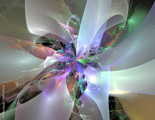 Abstract fractal explosion with iridescent translucent petals and vibrant colorful particles in soft pastel lighting and ethereal glow