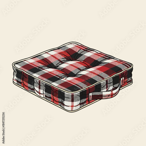 Comfortable red and black plaid cushions piled on a beige background for cozy seating or lounging