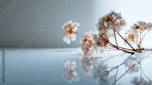 Ephemeral beauty: delicate flowers reflecting on a polished surface aesthetic