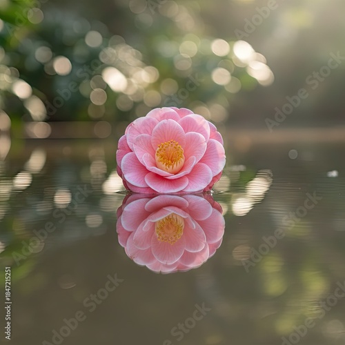 Delicate Pink Camellia Flower Floating on Calm Water with Soft Sunlight and Greenery Reflections