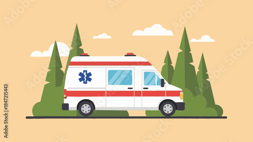Ambulance parked near trees with green background in summer  