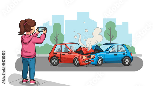 Girl photographing car crash scene on city street with damaged vehicles  