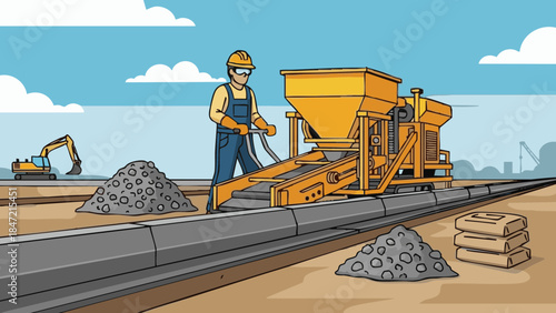 Construction worker operating concrete curb forming machine on road  