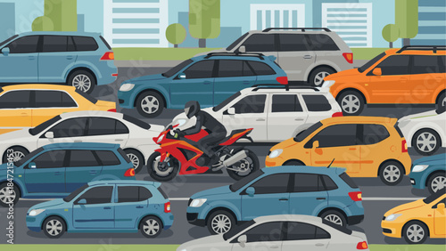 Motorbike navigating through traffic jam with colorful cars on road  