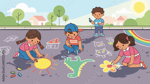 Children drawing with chalk on the road during sunny day  