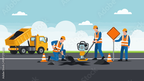Road workers repairing potholes with construction equipment on road  