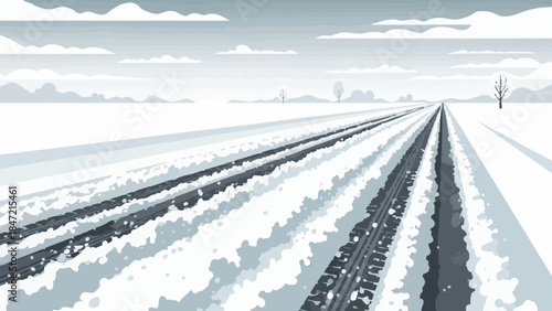 Slushy tire tracks on snow-covered road in winter landscape  