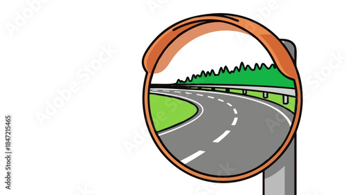 Traffic mirror reflecting sharp curve on road with green background  