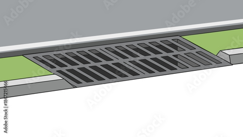 Stormwater grate near road on green grass background  