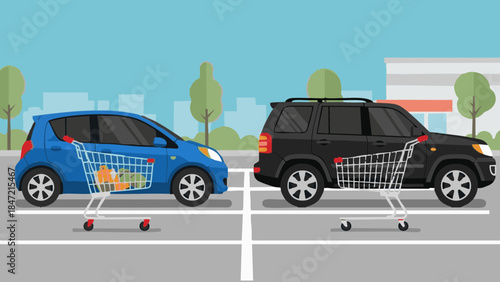 Shopping carts beside parked vehicles in supermarket parking lot  
