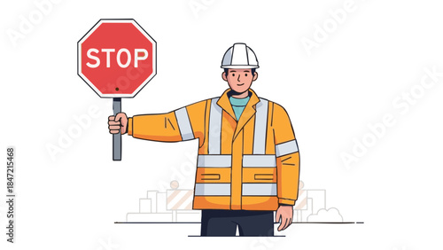 Male traffic controller holding stop sign in safety vest on site  