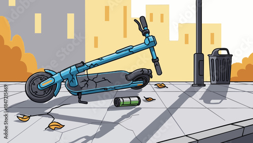 Broken blue scooter lying on urban sidewalk near trash can  