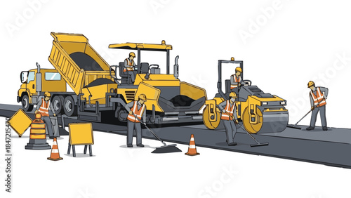 Road construction team working with heavy machinery on asphalt  