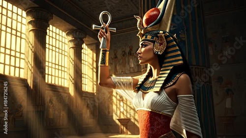 Ancient Majesty: An exquisitely adorned figure, embodying ancient Egyptian grace, presents a symbolic ankh within a sunlit interior, evoking an aura of spirituality and timelessness.