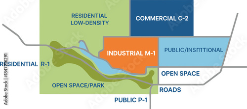 Conceptual city planning map showing different land use zones.