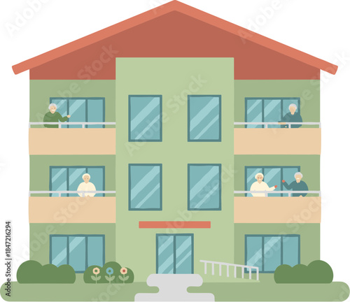 Senior living apartment building with elderly residents on balconies.