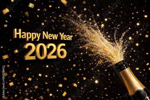 Happy New Year 2026 Banner with Golden Sparkling Wine Splash and Confetti Explosion from Bottle

