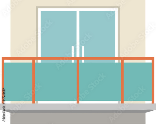 Modern residential balcony with a glass panel railing and sliding door.