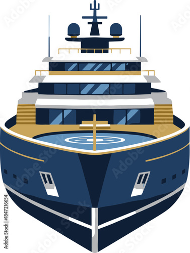 Front view of a modern luxury superyacht with a helipad.