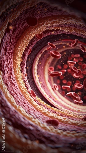 Vertical video of Detailed cross-section of a human artery showing red blood cells flowing through atherosclerosis buildup.