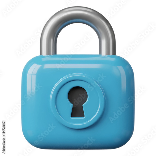 A glossy blue padlock with a silver shackle and a classic keyhole design, symbolizing security and protection, isolated on transparent background.