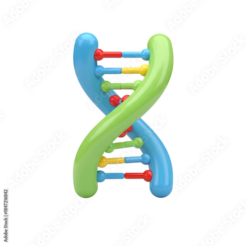 A vibrant 3D rendered DNA double helix, with blue and green backbones and red, yellow, blue base pairs, symbolizes genetics and scientific innovation.