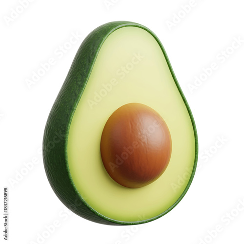 Fresh, ripe avocado half with its large brown pit, showcasing vibrant green flesh and dark textured skin, perfectly isolated on transparent background.