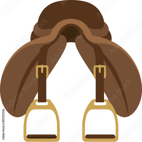 Classic brown leather equestrian saddle with golden stirrups.