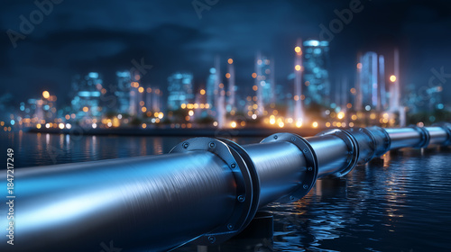 Transition to sustainable energy production showcased through 3D hydrogen pipeline infrastructure visualization, clean fuel distribution, green energy network, futuristic power sys