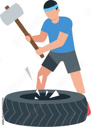 Male athlete performing a powerful sledgehammer tire slam exercise.