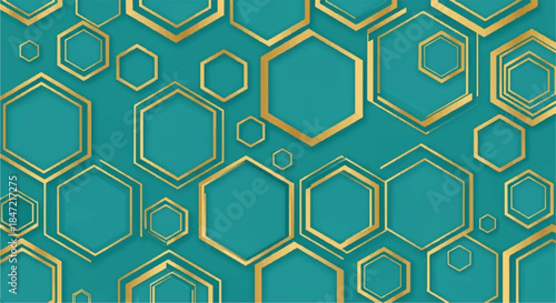 Vibrant Teal and Gold Abstract Seamless Pattern with Interlocking Honeycomb Hexagon Cells and Metallic Shine