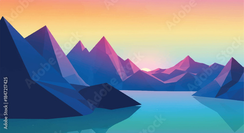 Wide Landscape Scenery of Stylized Polygonal Mountains Over a Lake at Sunset or Sunrise in Cold Hues