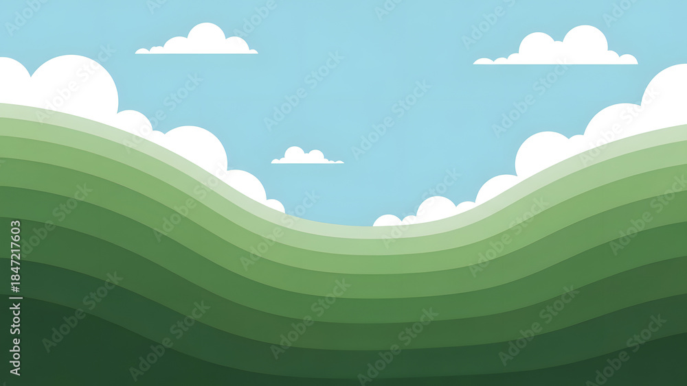 Obraz premium A clean and simple illustration of layered green hills under a blue sky with white clouds. Perfect for backgrounds, web design, or any project needing a nature inspired, calming scene.