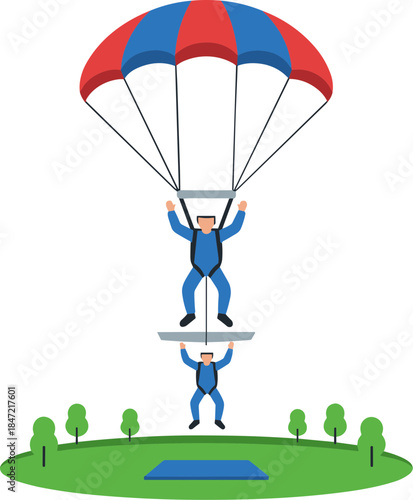 Two skydivers in a unique tandem formation with a single parachute.