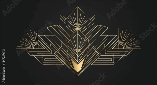 Dark and Opulent Art Deco Style Abstract Design with Symmetrical Golden Geometric Sunburst and Fan Elements