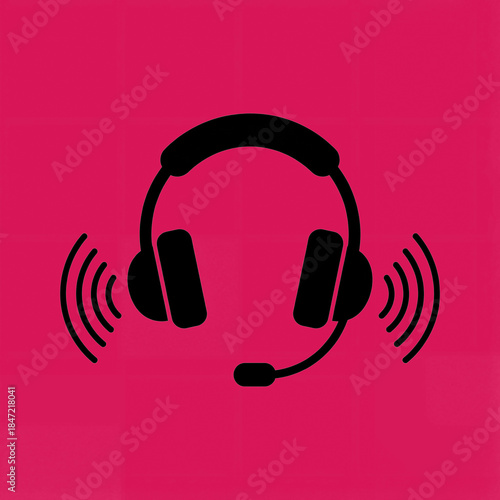 Headset with microphone and sound waves around it in color: vivid pink