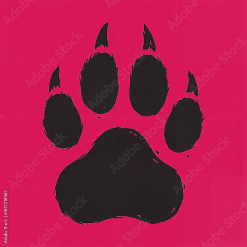 Paw print on a white background showing animal track in color: vivid pink