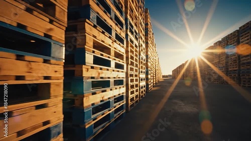 Industrial wooden pallets stacked outdoors with bright sunlight