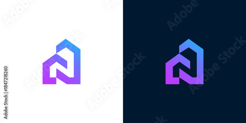 Modern Abstract 'N' Logo Design with Gradient Colors on White and Dark Backgrounds