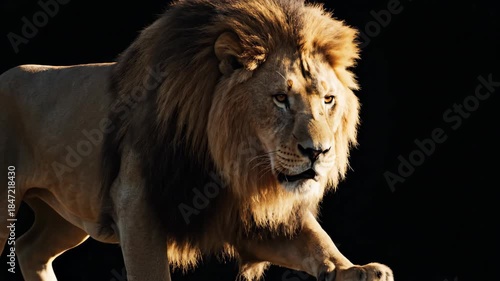 Majestic Lion Walking Confidently Through Dark Environment with Focused Expression