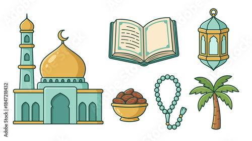 Islamic Ramadan Kareem Elements Cartoon Vector Illustration Set