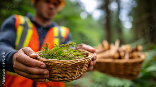 Faceless harvester collecting sustainable firewood biomass in forest for renewable energy, forest conservation work, sustainable forestry practices, biomass harvesting, defocused w