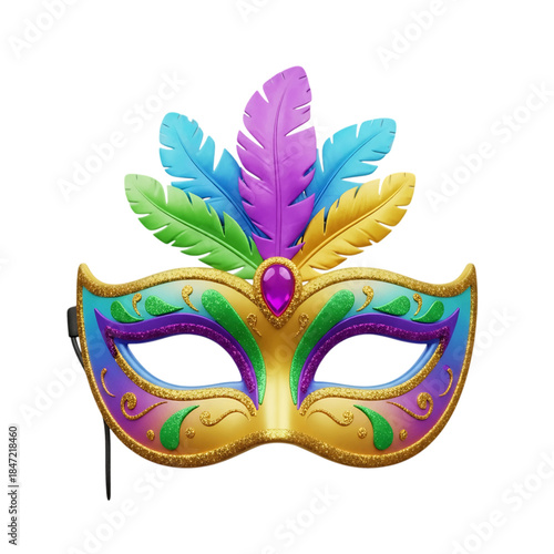 Vibrant and ornate carnival mask adorned with colorful feathers and glitter, perfect for festive celebrations and masquerade events, isolated on transparent background.