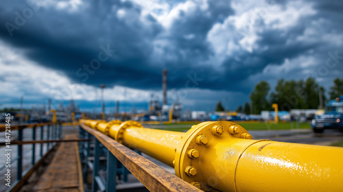 Carbon capture facility pipes infrastructure in front of cloudy dramatic sky, CCS technology, industrial emission reduction, environmental sustainability engineering, defocused clo