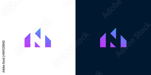 Modern abstract letter N logo design for real estate and property businesses, featuring a sleek architectural house symbol with a vibrant purple-blue gradient