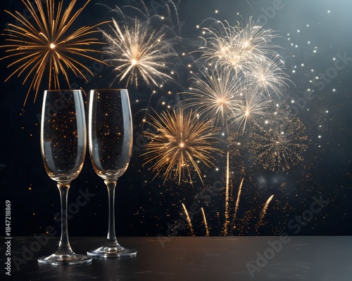 Happy New Year 2026 - Champagne glasses and fireworks