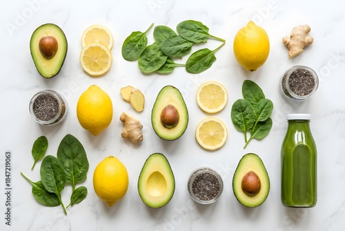 Healthy Food Ingredients Knolling on Marble - Avocado Lemon and Greens