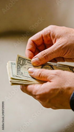 Hands counting stack of US dollar bills, personal cash savings and budgeting concept. Money Stress Minimalism