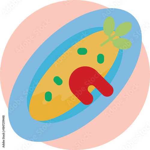 A Japanese dish of fried rice wrapped in a thin omelet.