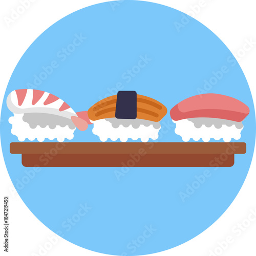 A piece of sushi with rice and a topping, typically fish or seafood.